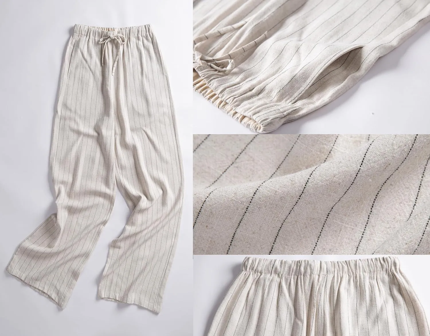 heipeiwa Women's Linen Pants Striped Summer Boho Straight Wide Leg Beach Lounge Casual Trousers