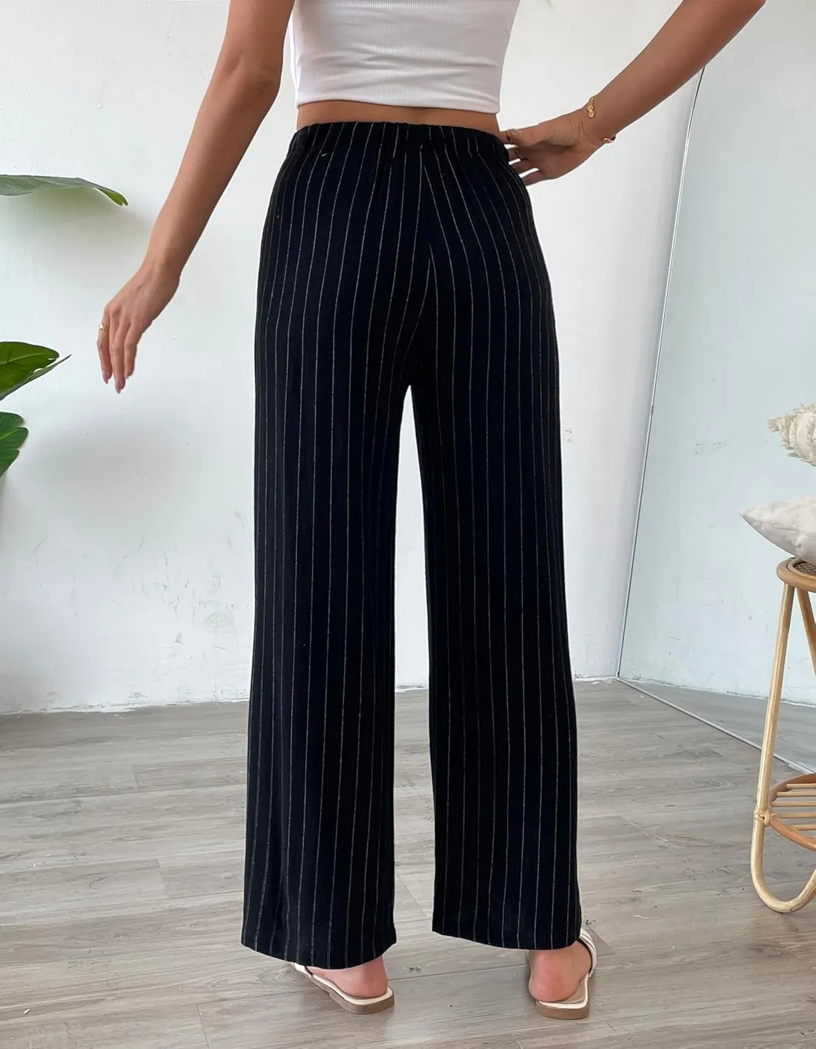 heipeiwa Women's Linen Pants Striped Summer Boho Straight Wide Leg Beach Lounge Casual Trousers
