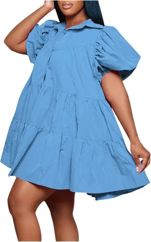 HGps8w Women's Cute Babydoll Dresses Casual Loose Puff Sleeve Ruffle Hem Button Down Tiered Pleated A-Line Shirt Mini Dress