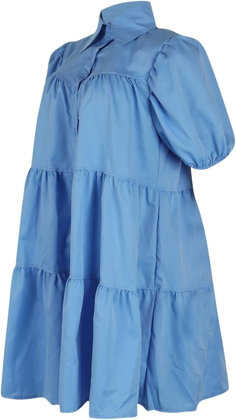 HGps8w Women's Cute Babydoll Dresses Casual Loose Puff Sleeve Ruffle Hem Button Down Tiered Pleated A-Line Shirt Mini Dress