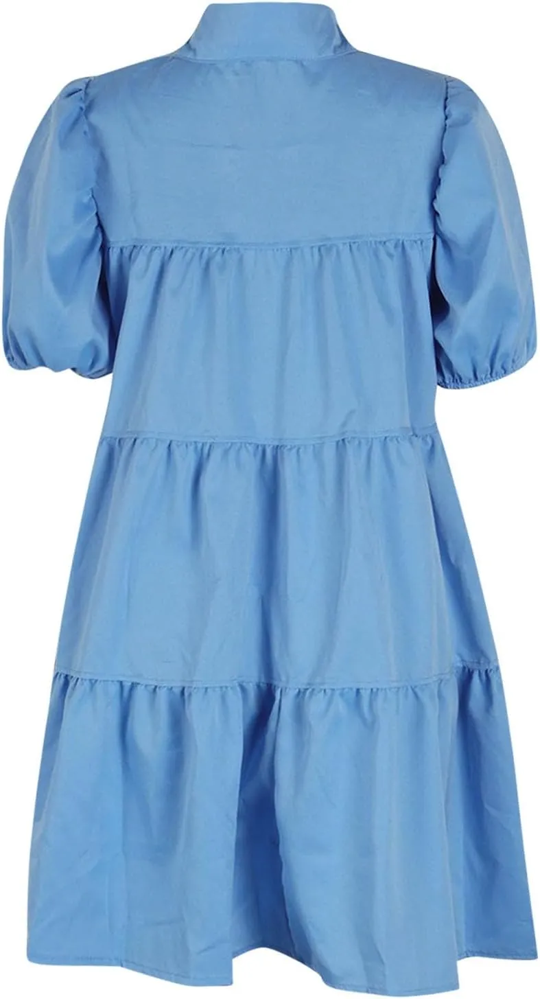 HGps8w Women's Cute Babydoll Dresses Casual Loose Puff Sleeve Ruffle Hem Button Down Tiered Pleated A-Line Shirt Mini Dress