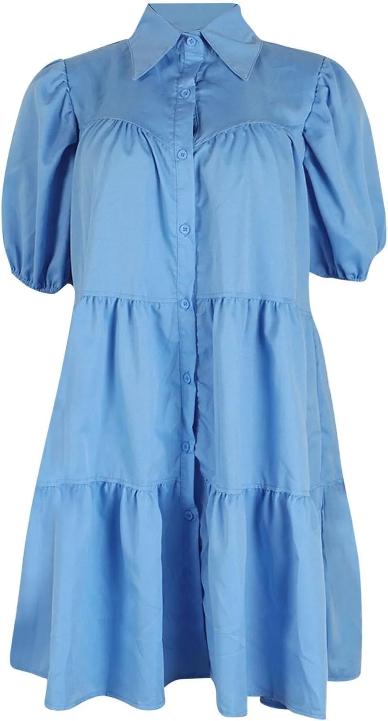 HGps8w Women's Cute Babydoll Dresses Casual Loose Puff Sleeve Ruffle Hem Button Down Tiered Pleated A-Line Shirt Mini Dress