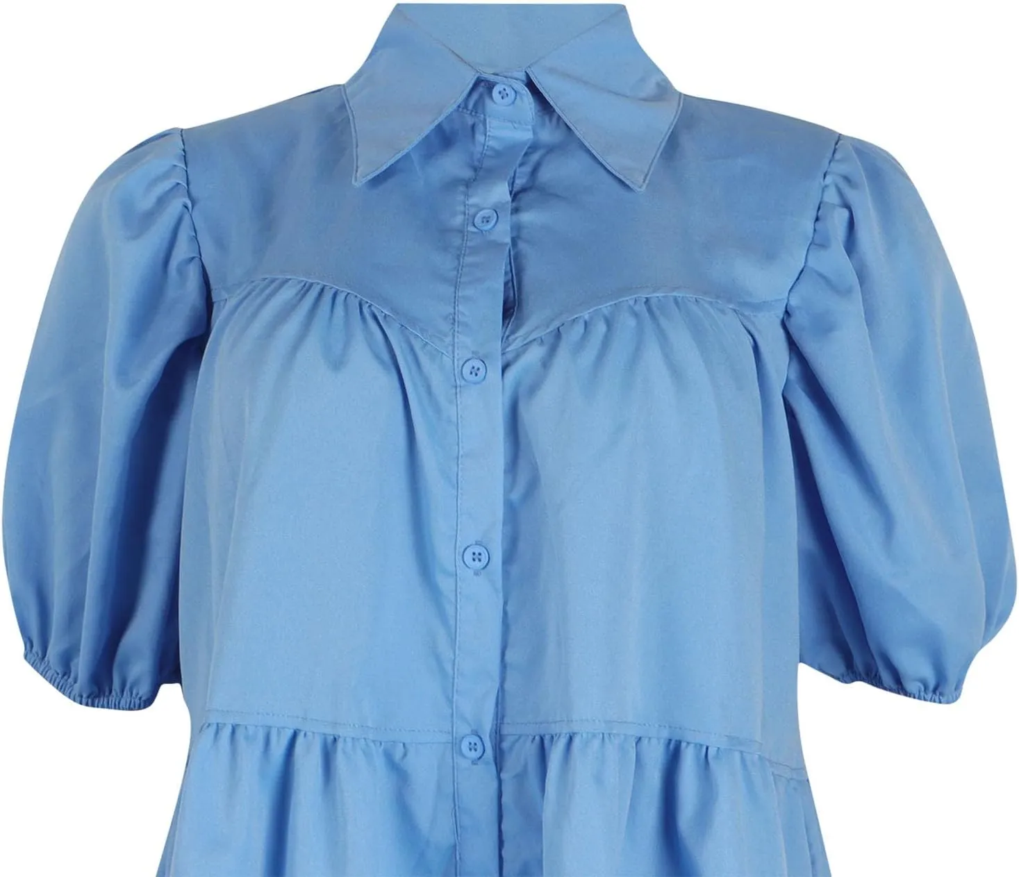 HGps8w Women's Cute Babydoll Dresses Casual Loose Puff Sleeve Ruffle Hem Button Down Tiered Pleated A-Line Shirt Mini Dress