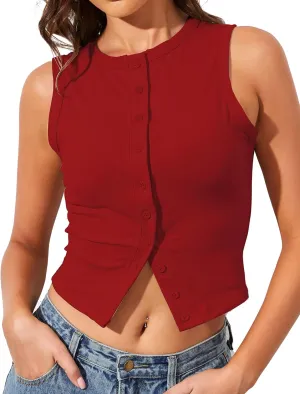 High Neck Tank Tops for Women Button Front Sleeveless Summer Cropped Tank Casual Slim Fitted Tank Tops
