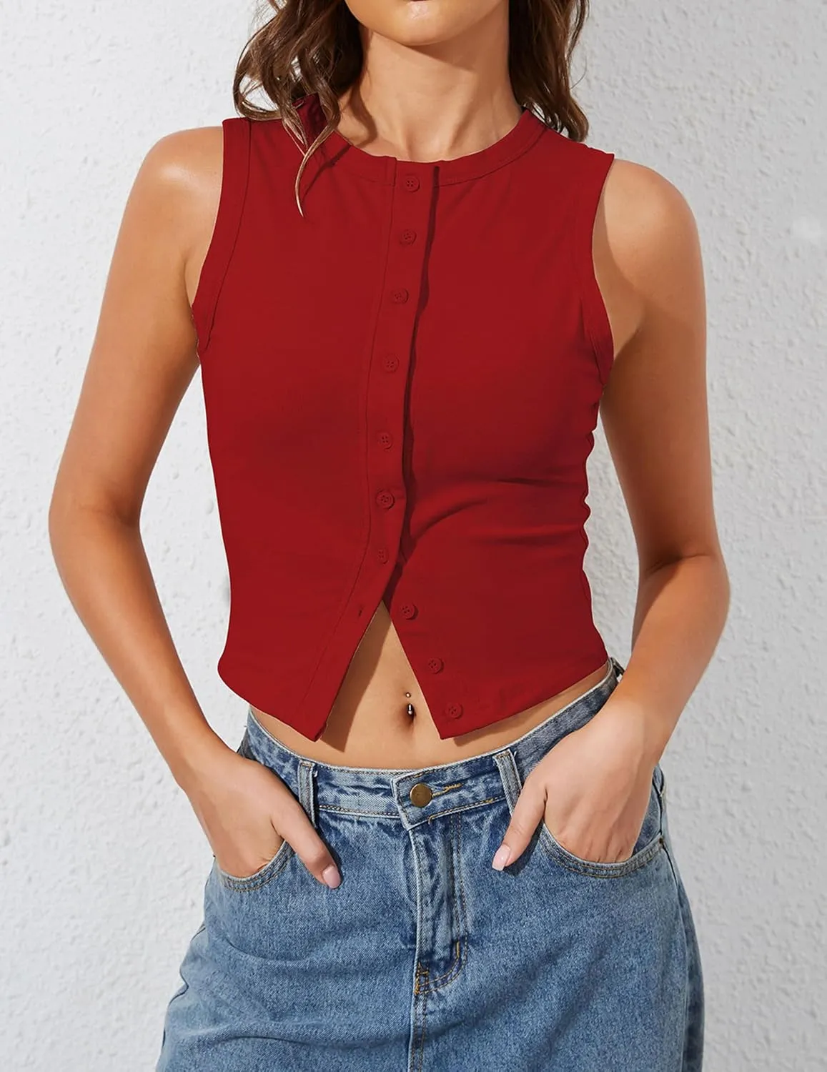 High Neck Tank Tops for Women Button Front Sleeveless Summer Cropped Tank Casual Slim Fitted Tank Tops