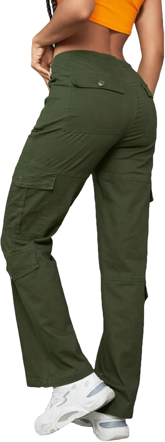 High Waist Stretch Cargo Pants Women Baggy Multiple Pockets Relaxed Fit Straight Wide Leg Y2K Pants