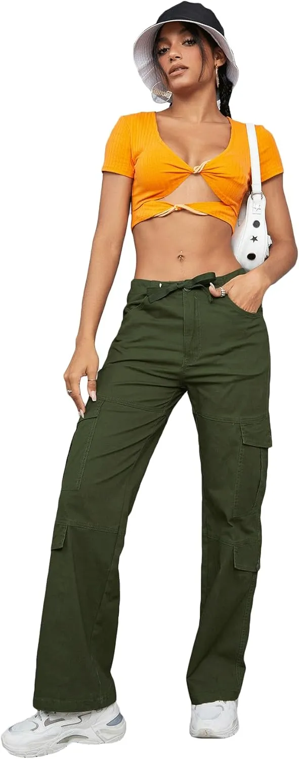 High Waist Stretch Cargo Pants Women Baggy Multiple Pockets Relaxed Fit Straight Wide Leg Y2K Pants