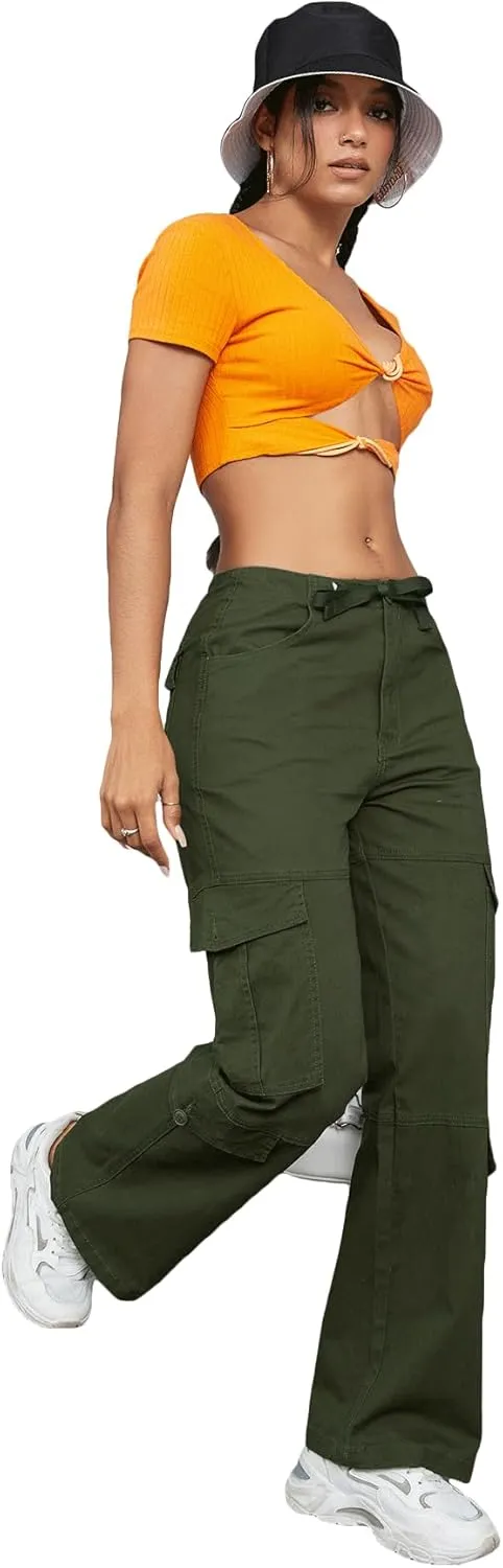 High Waist Stretch Cargo Pants Women Baggy Multiple Pockets Relaxed Fit Straight Wide Leg Y2K Pants