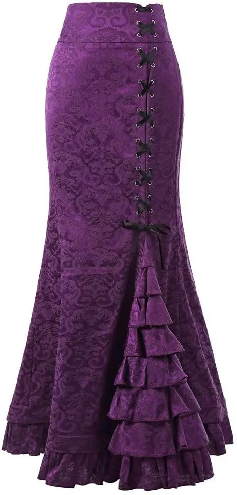 High Waist Vintage Bodycon Long Lace maid Skirt Ruffled Steampunk Skirt Fishtail Evening Party Dress