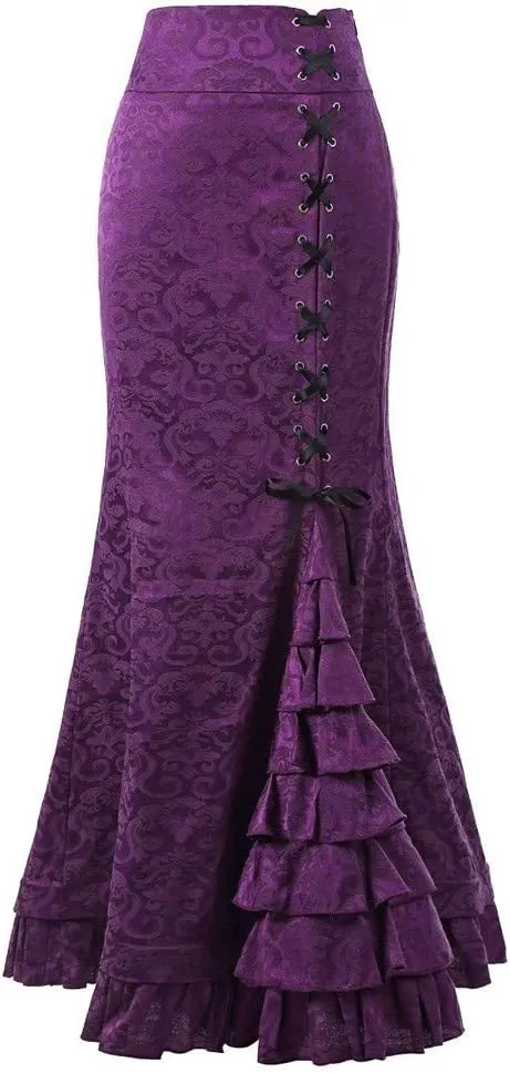 High Waist Vintage Bodycon Long Lace maid Skirt Ruffled Steampunk Skirt Fishtail Evening Party Dress