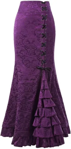 High Waist Vintage Bodycon Long Lace maid Skirt Ruffled Steampunk Skirt Fishtail Evening Party Dress