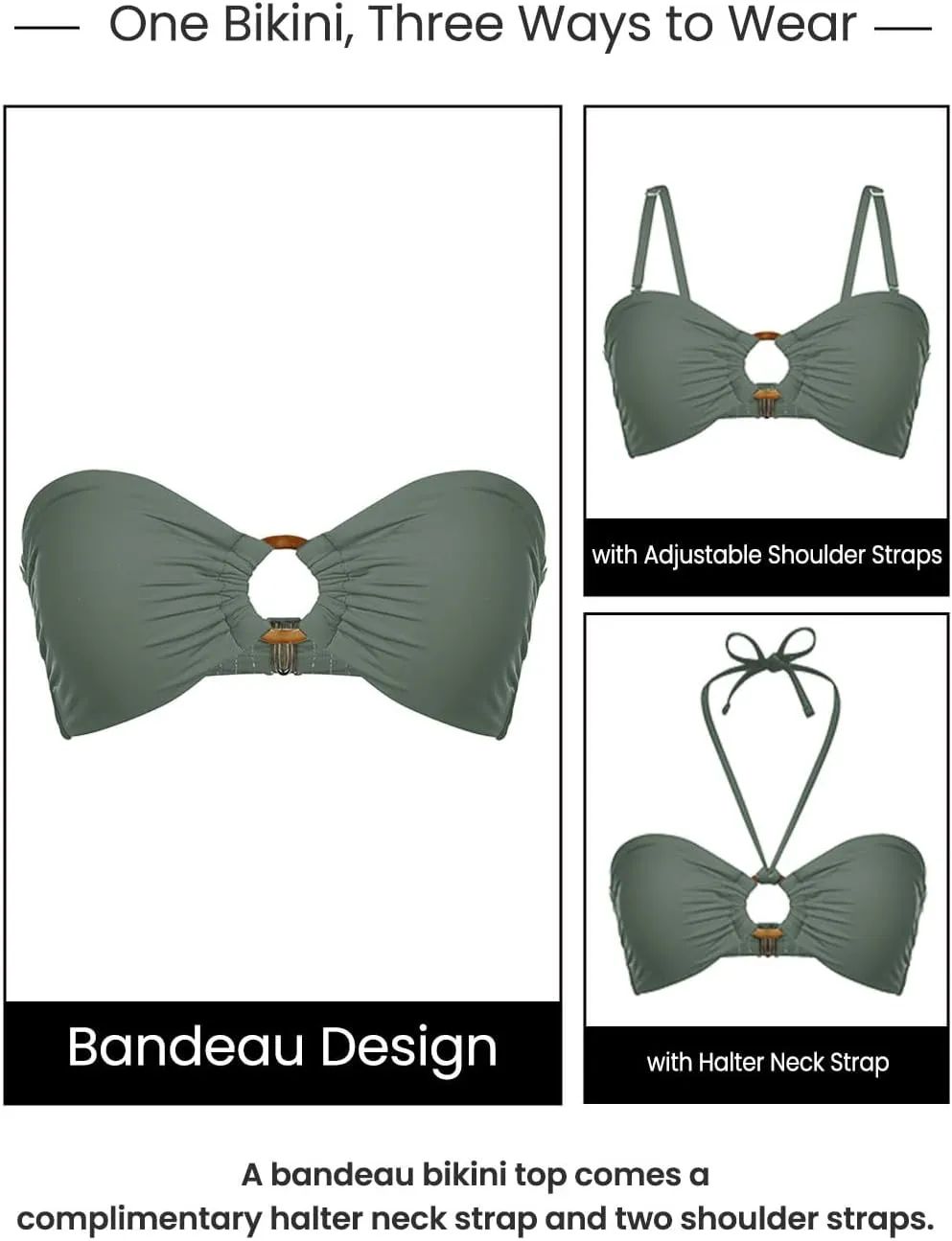 Holipick Bandeau Bikini Top for Women Strapless Swimsuit Tops Only Bathing Suit Tops with Shoulder Straps