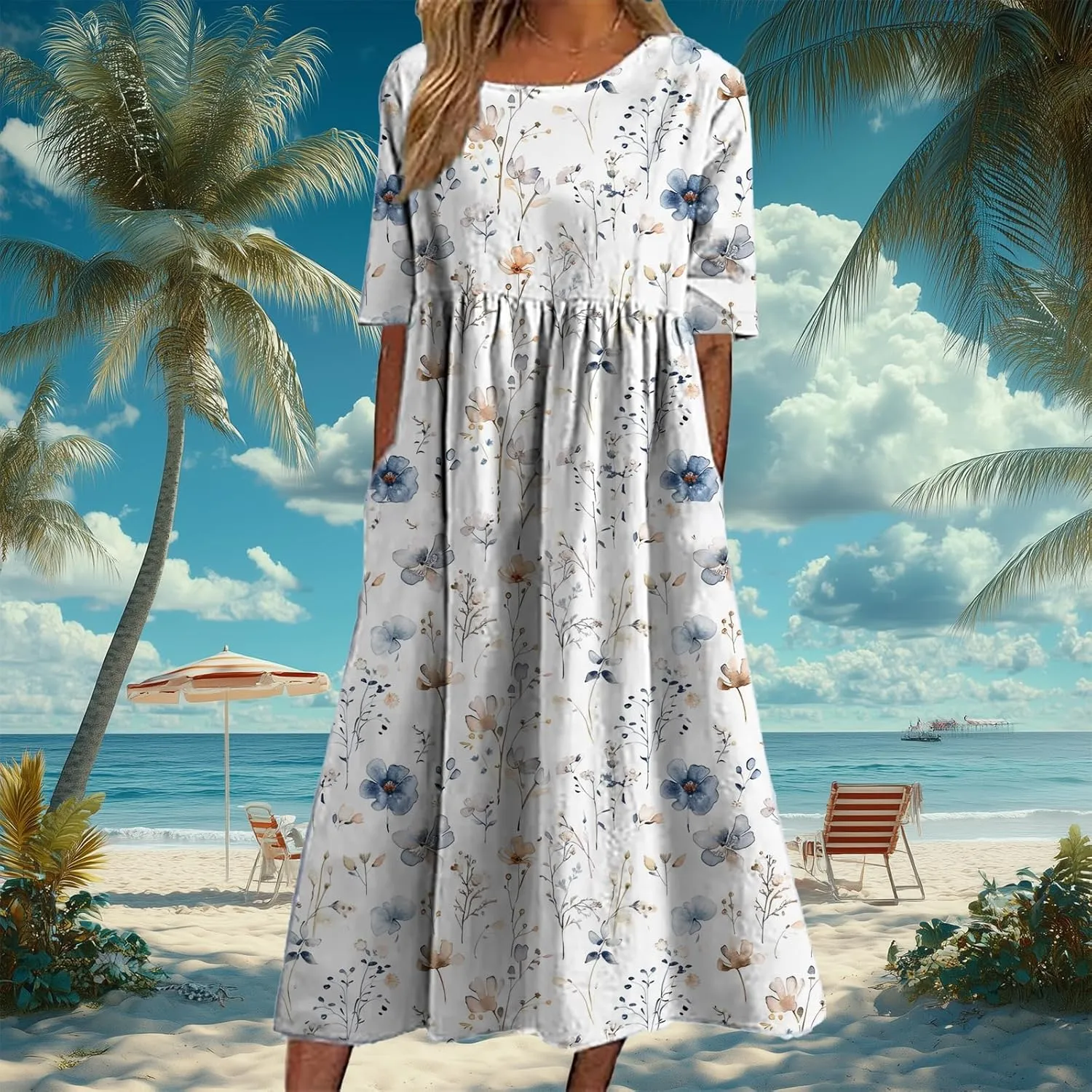 HOTYD Womens Boho Floral Midi Dress Plus Size Short Sleeve Crew Neck Casual Loose Flt Flowy Summer Dress with Pockets