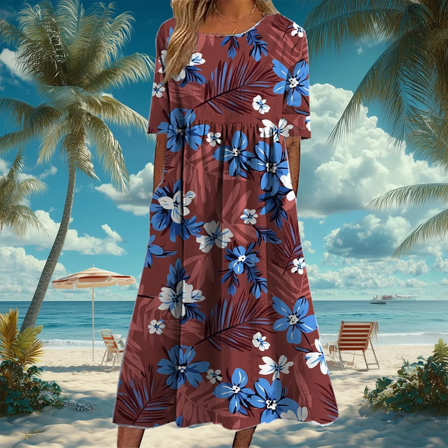 HOTYD Womens Boho Floral Midi Dress Plus Size Short Sleeve Crew Neck Casual Loose Flt Flowy Summer Dress with Pockets