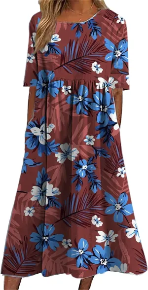 HOTYD Womens Boho Floral Midi Dress Plus Size Short Sleeve Crew Neck Casual Loose Flt Flowy Summer Dress with Pockets