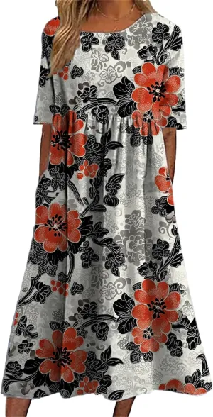 HOTYD Womens Boho Floral Midi Dress Plus Size Short Sleeve Crew Neck Casual Loose Flt Flowy Summer Dress with Pockets