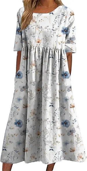 HOTYD Womens Boho Floral Midi Dress Plus Size Short Sleeve Crew Neck Casual Loose Flt Flowy Summer Dress with Pockets