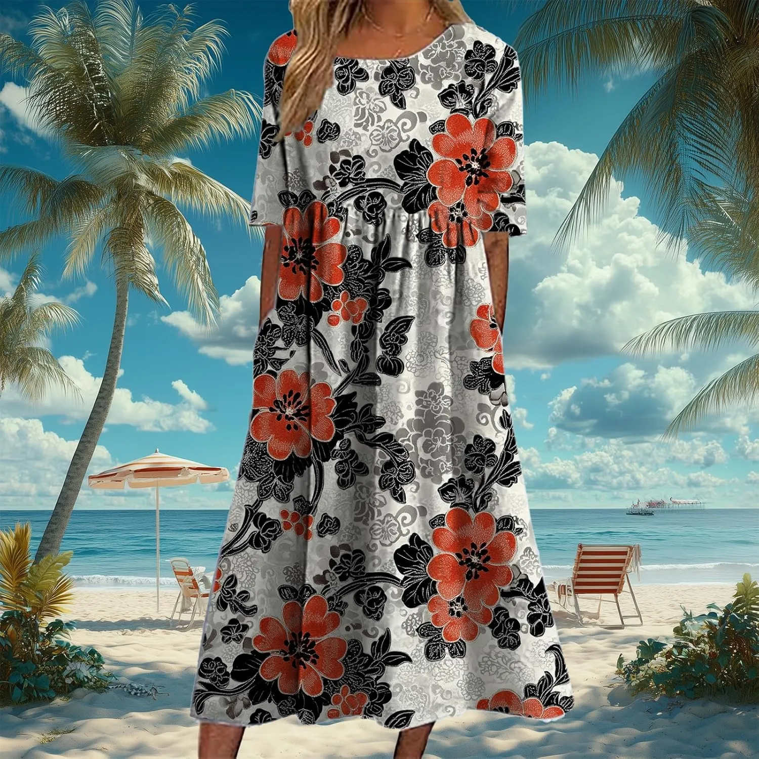 HOTYD Womens Boho Floral Midi Dress Plus Size Short Sleeve Crew Neck Casual Loose Flt Flowy Summer Dress with Pockets