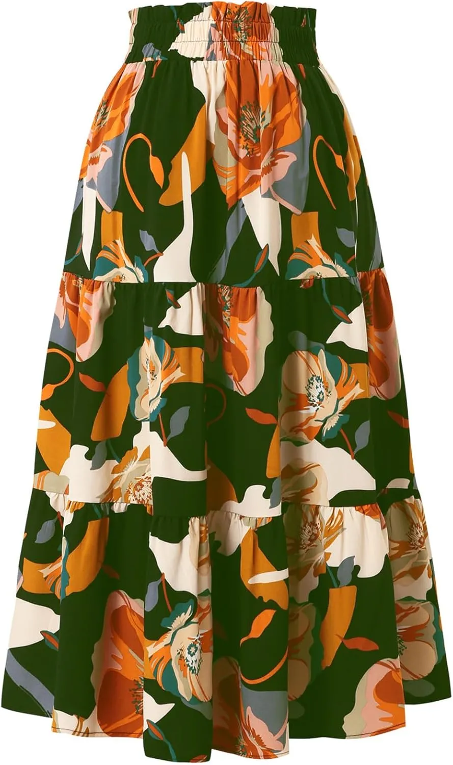 IDEALSANXUN Floral Skirts for Women Trendy Spring Summer Casual Flowy A Line Tiered Elastic High Waisted Boho Midi Skirt