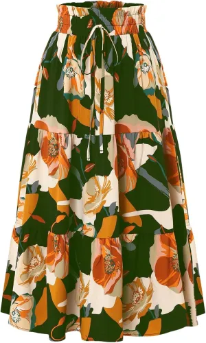 IDEALSANXUN Floral Skirts for Women Trendy Spring Summer Casual Flowy A Line Tiered Elastic High Waisted Boho Midi Skirt