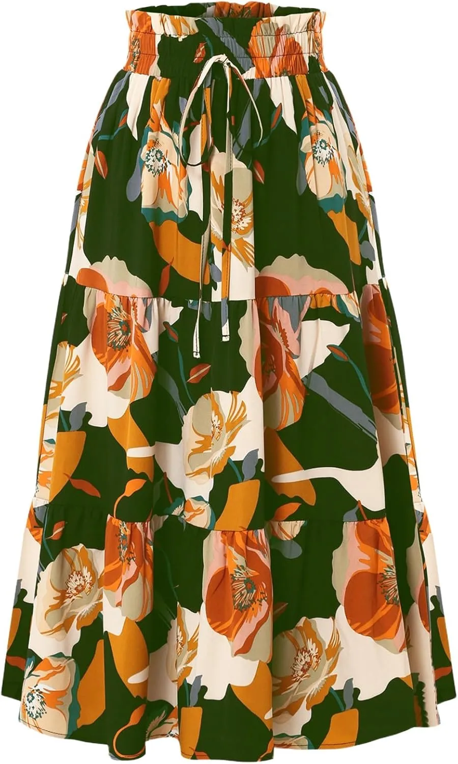 IDEALSANXUN Floral Skirts for Women Trendy Spring Summer Casual Flowy A Line Tiered Elastic High Waisted Boho Midi Skirt