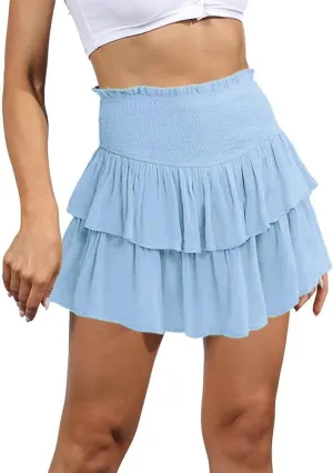 IDEALSANXUN Ruffle Mini Skirt for Women Smocked Waist A Line Cute Short Flowy Skirt