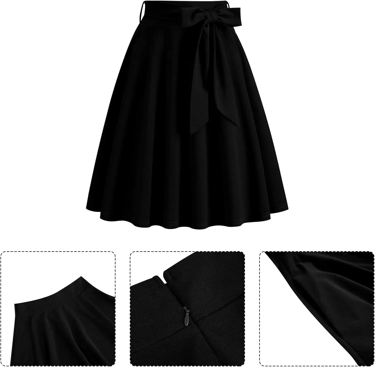 IDOPIP Women 50s Vintage Skirt High Waist Tie Front A Line Skirt Elegant Cocktail Swing Skirt Pleated Midi Skirt with Pockets