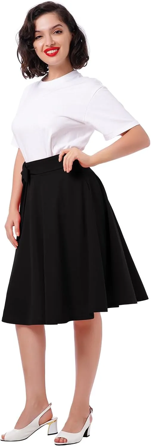 IDOPIP Women 50s Vintage Skirt High Waist Tie Front A Line Skirt Elegant Cocktail Swing Skirt Pleated Midi Skirt with Pockets