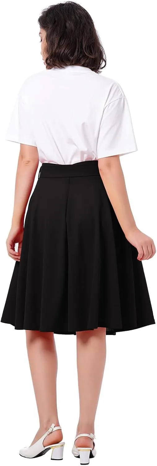 IDOPIP Women 50s Vintage Skirt High Waist Tie Front A Line Skirt Elegant Cocktail Swing Skirt Pleated Midi Skirt with Pockets