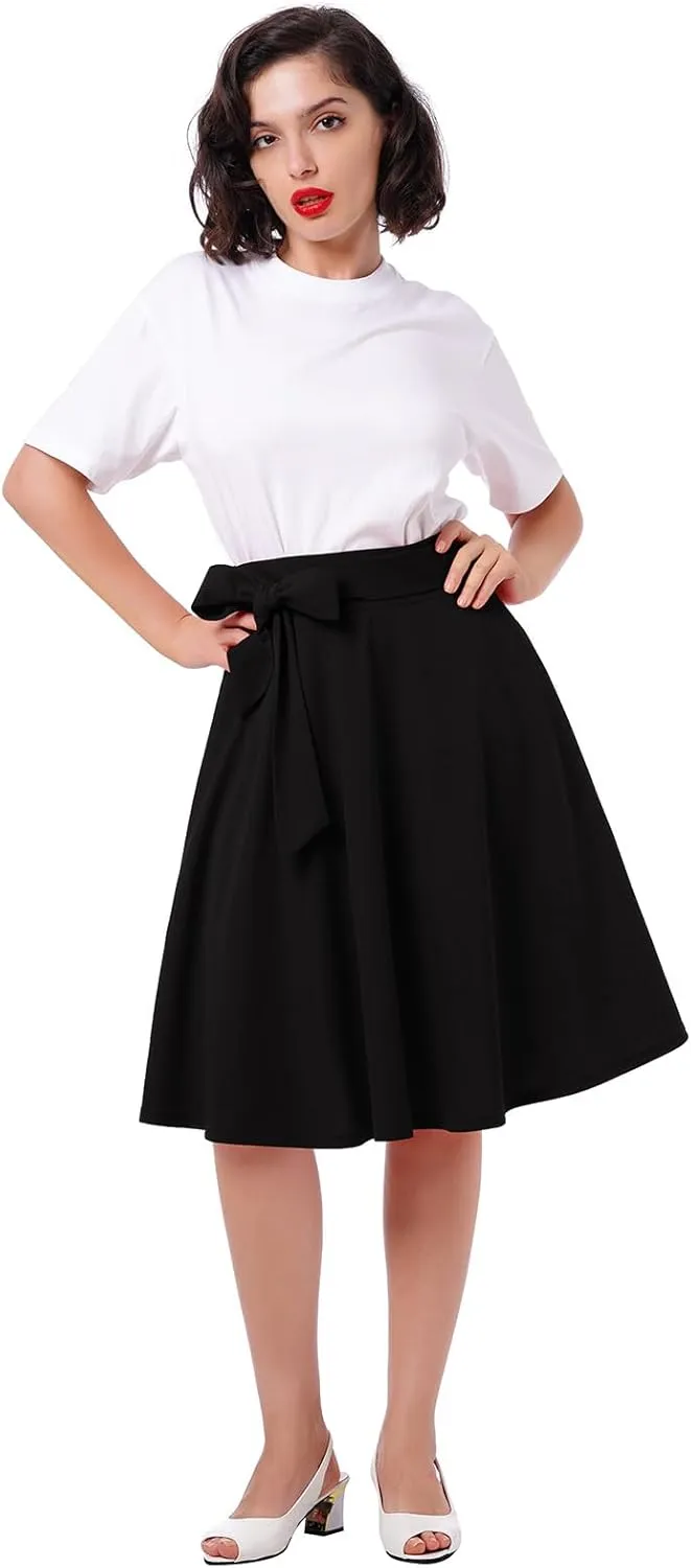 IDOPIP Women 50s Vintage Skirt High Waist Tie Front A Line Skirt Elegant Cocktail Swing Skirt Pleated Midi Skirt with Pockets