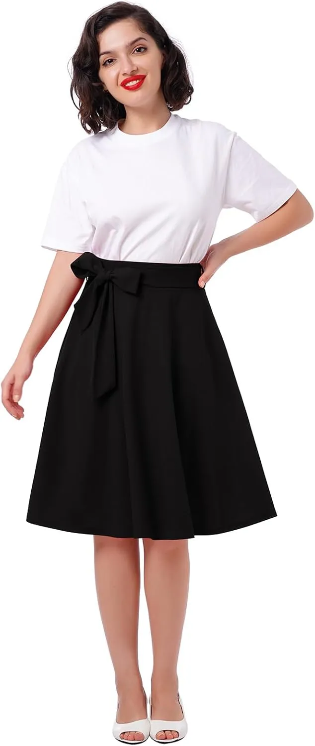 IDOPIP Women 50s Vintage Skirt High Waist Tie Front A Line Skirt Elegant Cocktail Swing Skirt Pleated Midi Skirt with Pockets