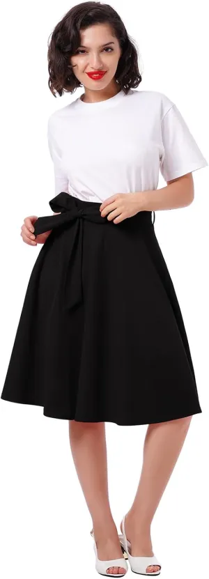 IDOPIP Women 50s Vintage Skirt High Waist Tie Front A Line Skirt Elegant Cocktail Swing Skirt Pleated Midi Skirt with Pockets