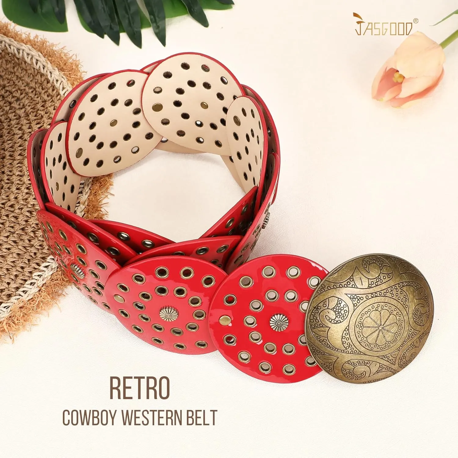 JASGOOD Western Belts for Women Wide Hollow Disc Leather Belt Cowgirl Waist Belt for Jeans Dresses with Metal Buckle