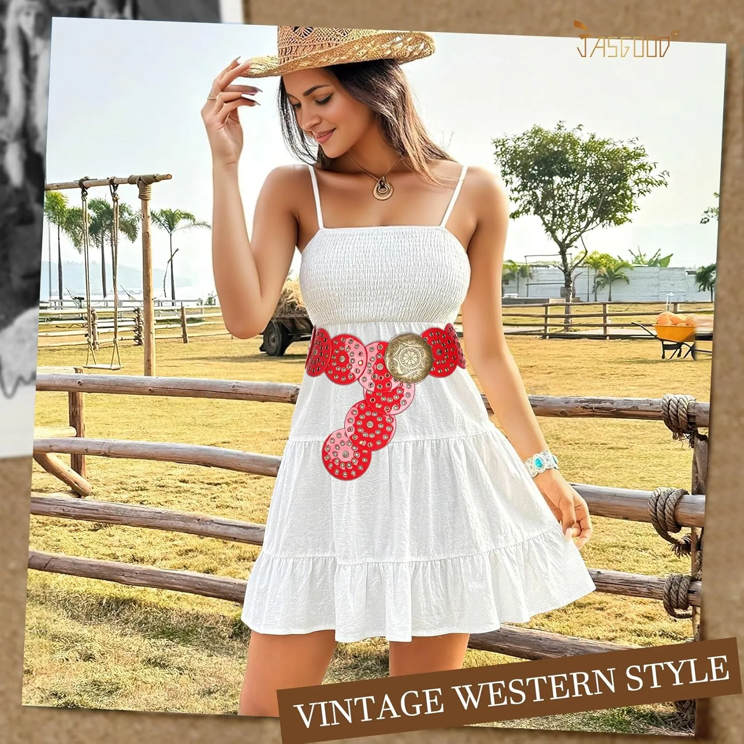 JASGOOD Western Belts for Women Wide Hollow Disc Leather Belt Cowgirl Waist Belt for Jeans Dresses with Metal Buckle