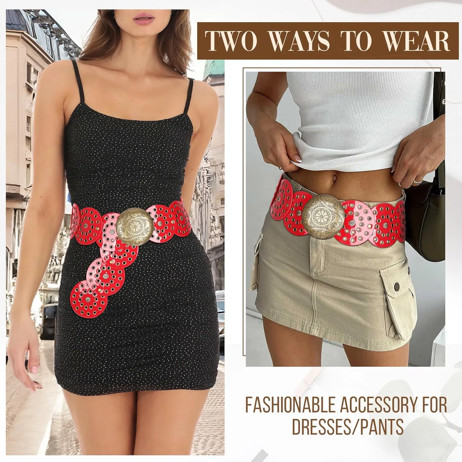 JASGOOD Western Belts for Women Wide Hollow Disc Leather Belt Cowgirl Waist Belt for Jeans Dresses with Metal Buckle
