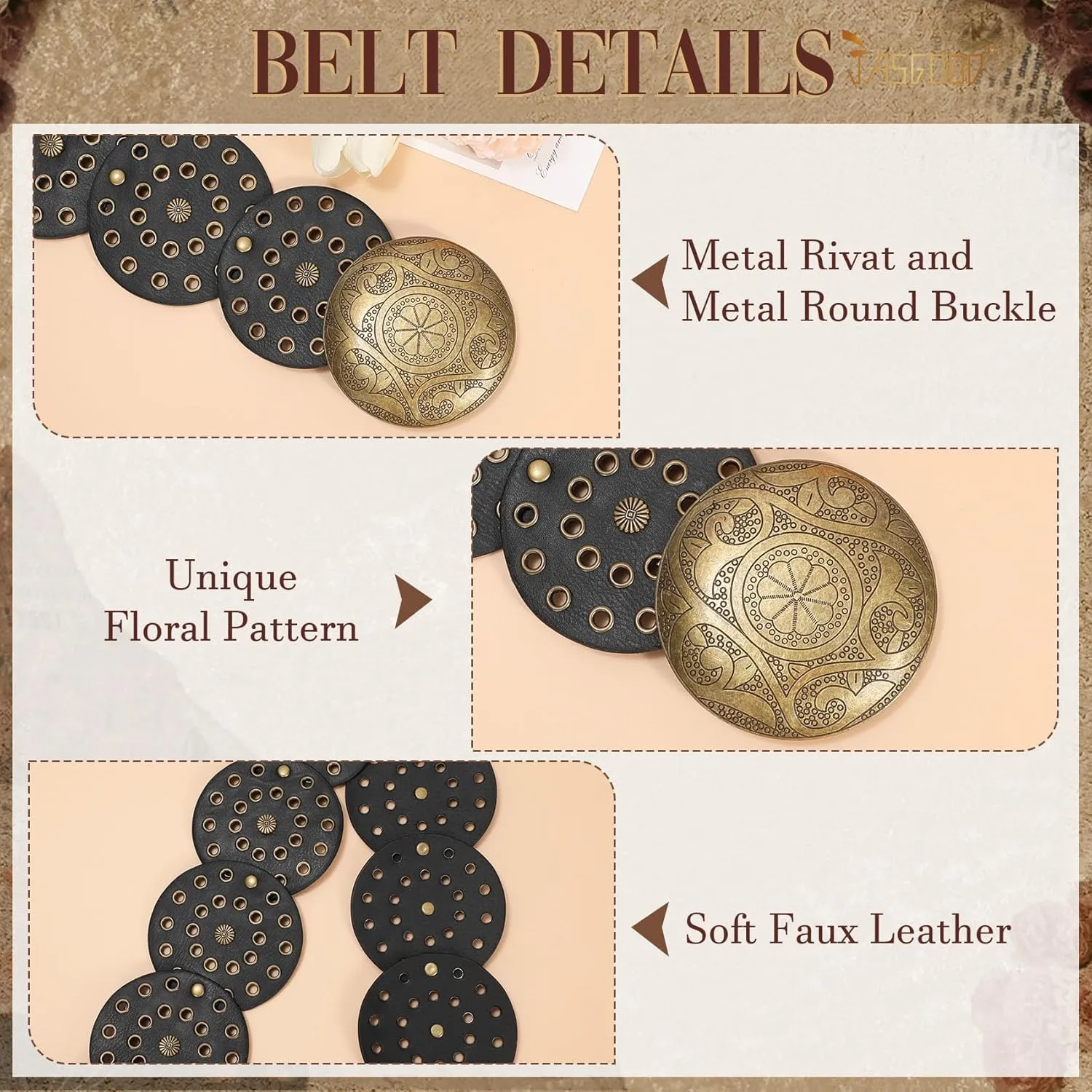 JASGOOD Western Belts for Women Wide Hollow Disc Leather Belt Cowgirl Waist Belt for Jeans Dresses with Metal Buckle