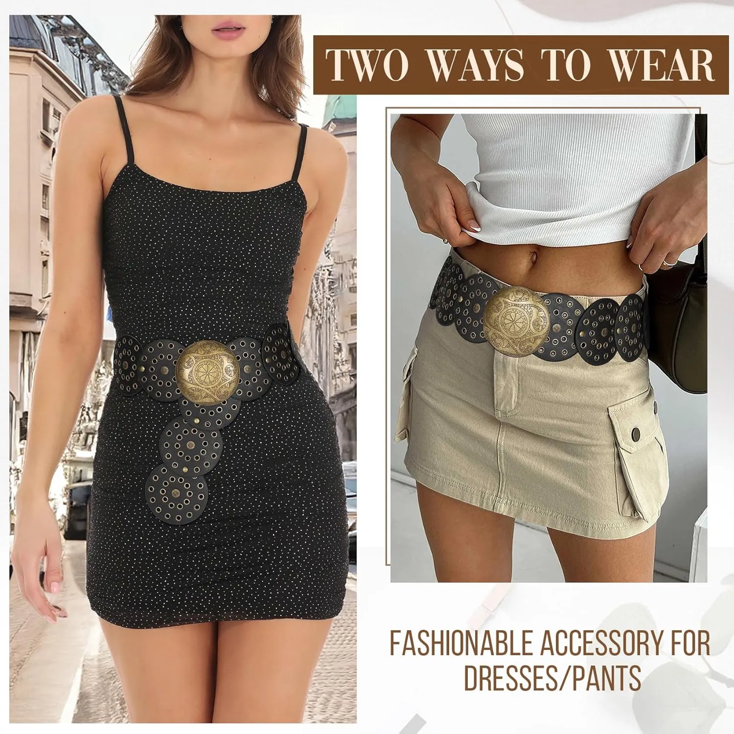 JASGOOD Western Belts for Women Wide Hollow Disc Leather Belt Cowgirl Waist Belt for Jeans Dresses with Metal Buckle