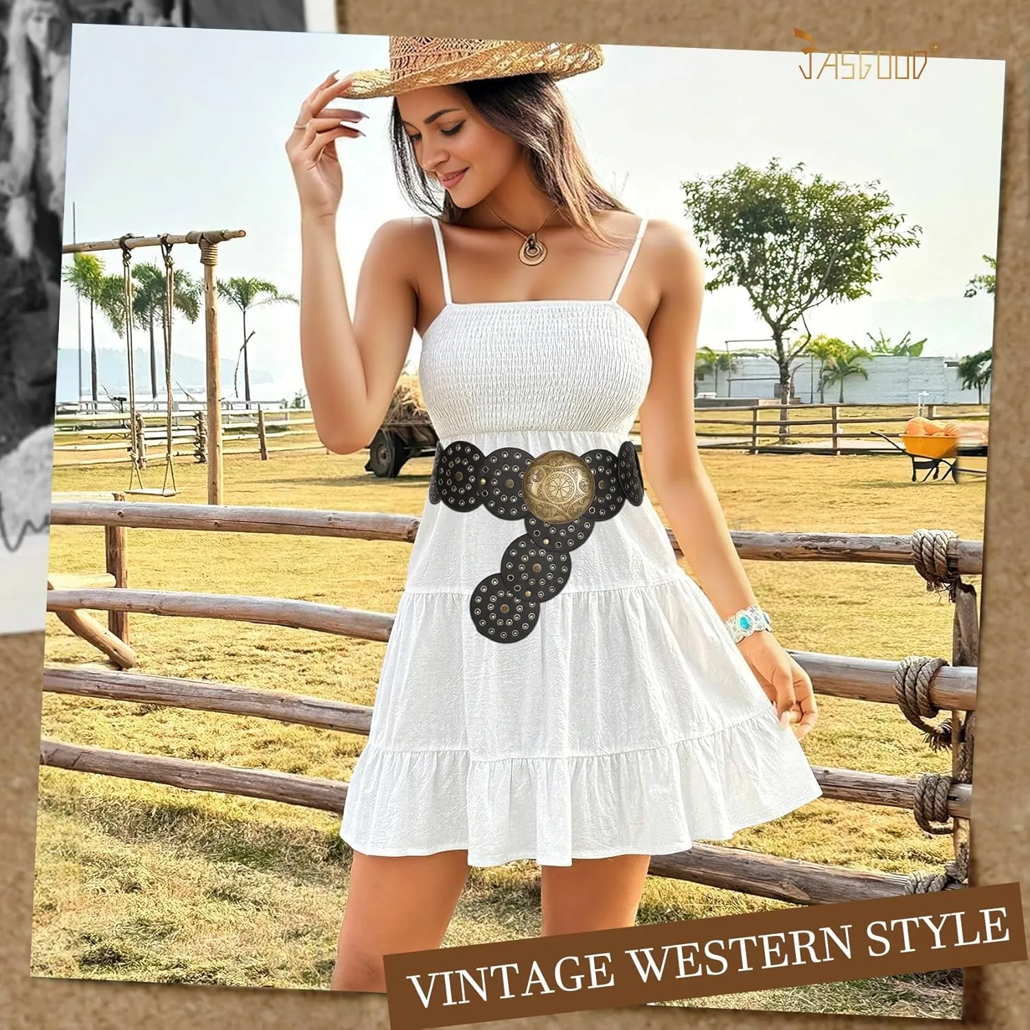 JASGOOD Western Belts for Women Wide Hollow Disc Leather Belt Cowgirl Waist Belt for Jeans Dresses with Metal Buckle