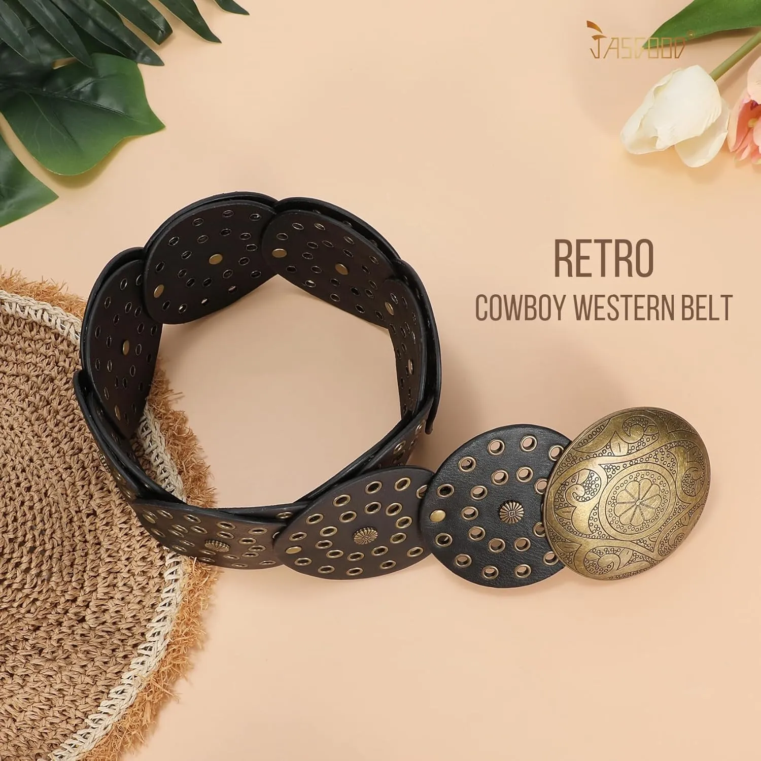 JASGOOD Western Belts for Women Wide Hollow Disc Leather Belt Cowgirl Waist Belt for Jeans Dresses with Metal Buckle