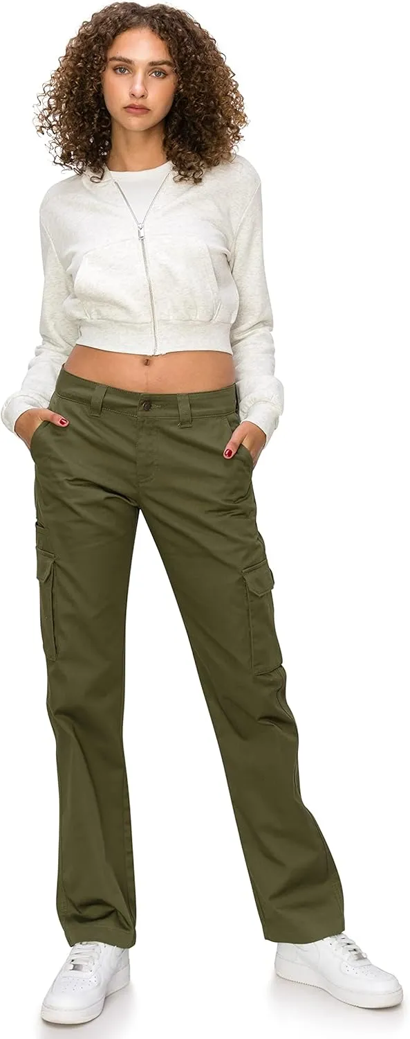 KHAKI & BLUE Women's Work Pants  Mid Rise Relaxed Fit Straight Leg Cargo Casual Trousers with Multi Pockets