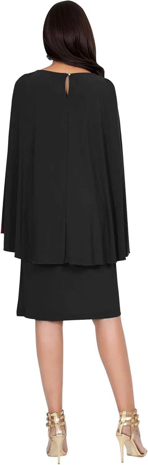 KOH KOH Womens Cape Long Sleeve Round Neck Cocktail with Leather Belt Mini Dress
