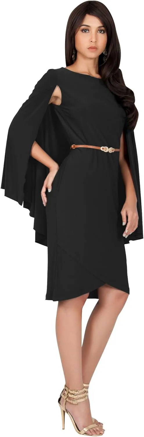 KOH KOH Womens Cape Long Sleeve Round Neck Cocktail with Leather Belt Mini Dress