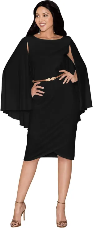 KOH KOH Womens Cape Long Sleeve Round Neck Cocktail with Leather Belt Mini Dress