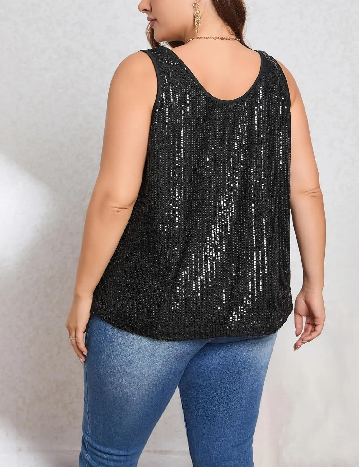 KOJOOIN Sequin Tops Plus Size Glitter Tank Top Sleeveless Sparkle Shimmer Shirt Tops Camisole Vest