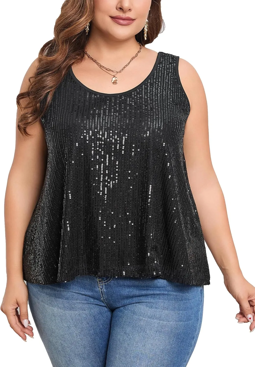 KOJOOIN Sequin Tops Plus Size Glitter Tank Top Sleeveless Sparkle Shimmer Shirt Tops Camisole Vest
