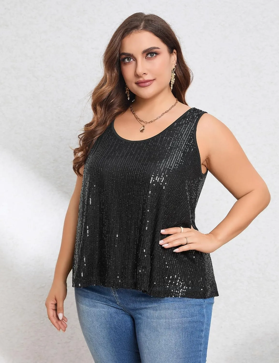 KOJOOIN Sequin Tops Plus Size Glitter Tank Top Sleeveless Sparkle Shimmer Shirt Tops Camisole Vest