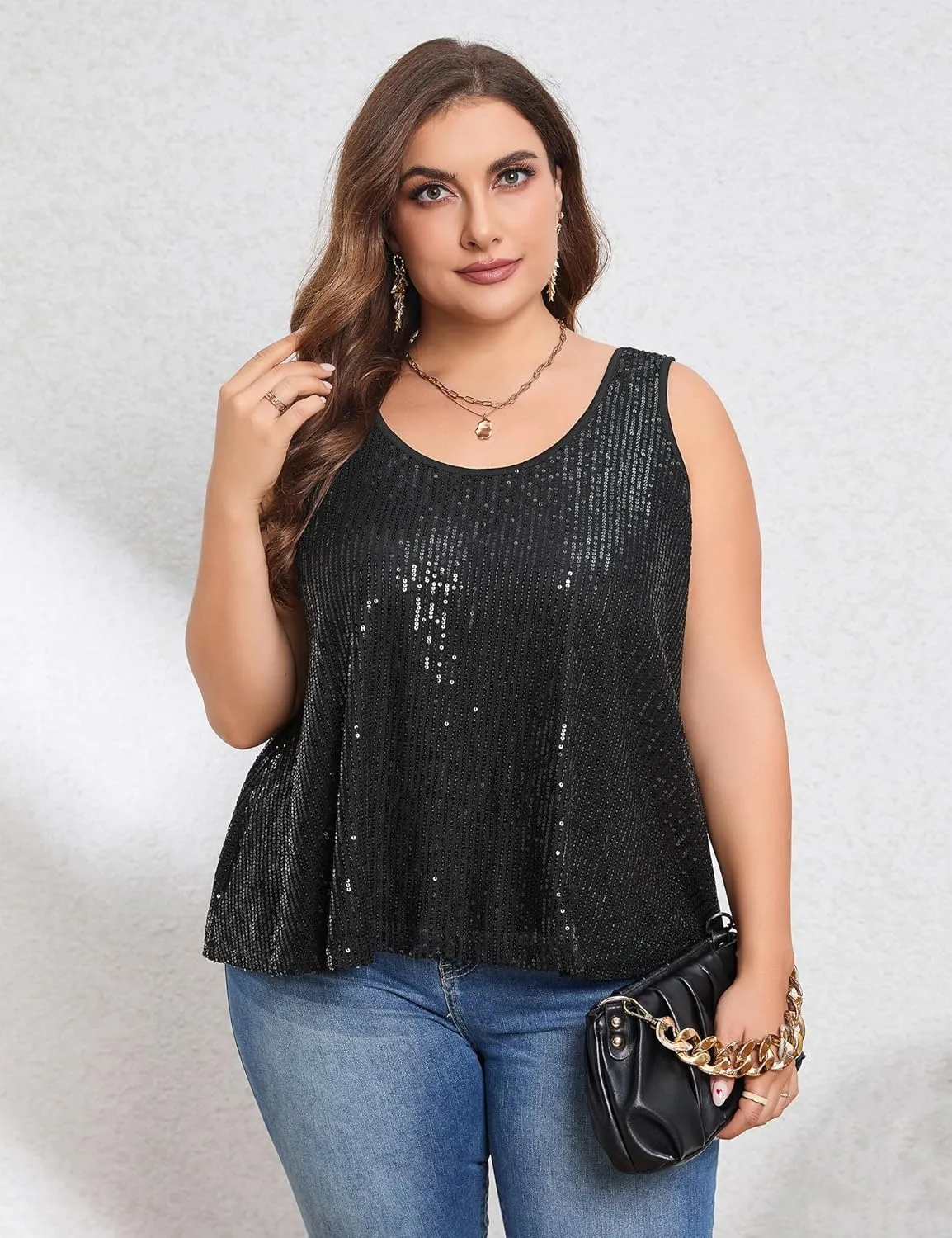 KOJOOIN Sequin Tops Plus Size Glitter Tank Top Sleeveless Sparkle Shimmer Shirt Tops Camisole Vest