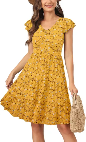 Lamilus Summer Dresses for Women 2023 Casual V Neck Button Down Ruffle Sleeve Short Tiered Baby Doll Beach Swing Sundresses