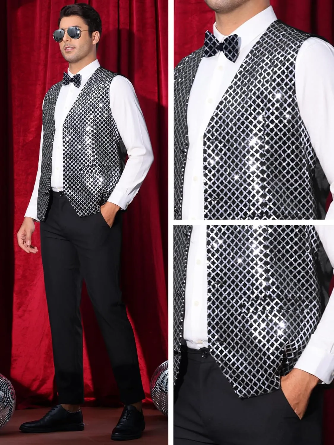 Lars Amadeus Argyle Sequin Vest for Men's V-Neck Party Nightclub Shiny Sleeveless Suit Metallic Waistcoat