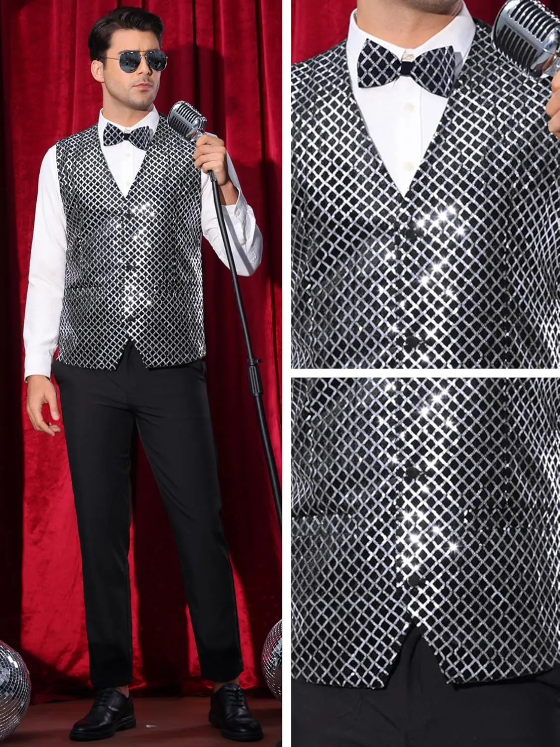 Lars Amadeus Argyle Sequin Vest for Men's V-Neck Party Nightclub Shiny Sleeveless Suit Metallic Waistcoat